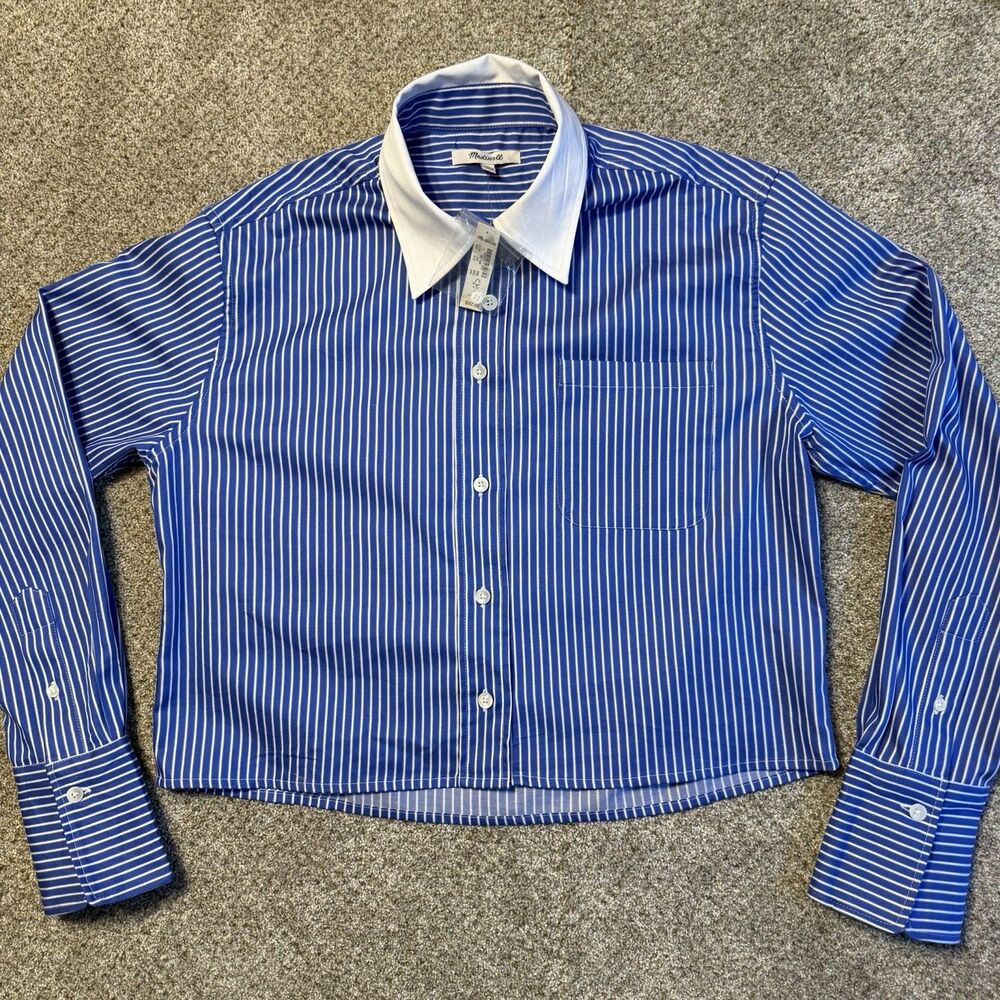 Madewell Shirt Womens M Cropped Blue White Stripe Button Down Long Sleeve Top